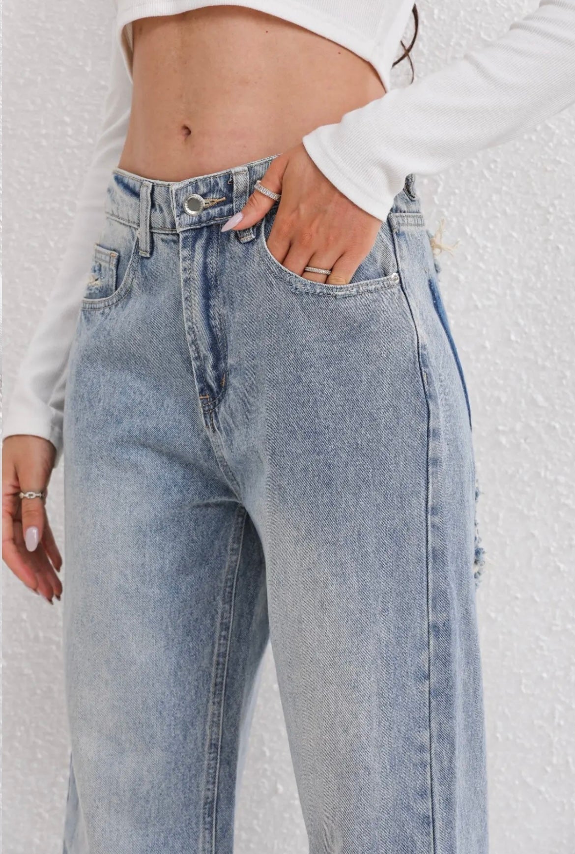 High-Waist Gerafelde Patchwork Jeans voor Dames | Olivia