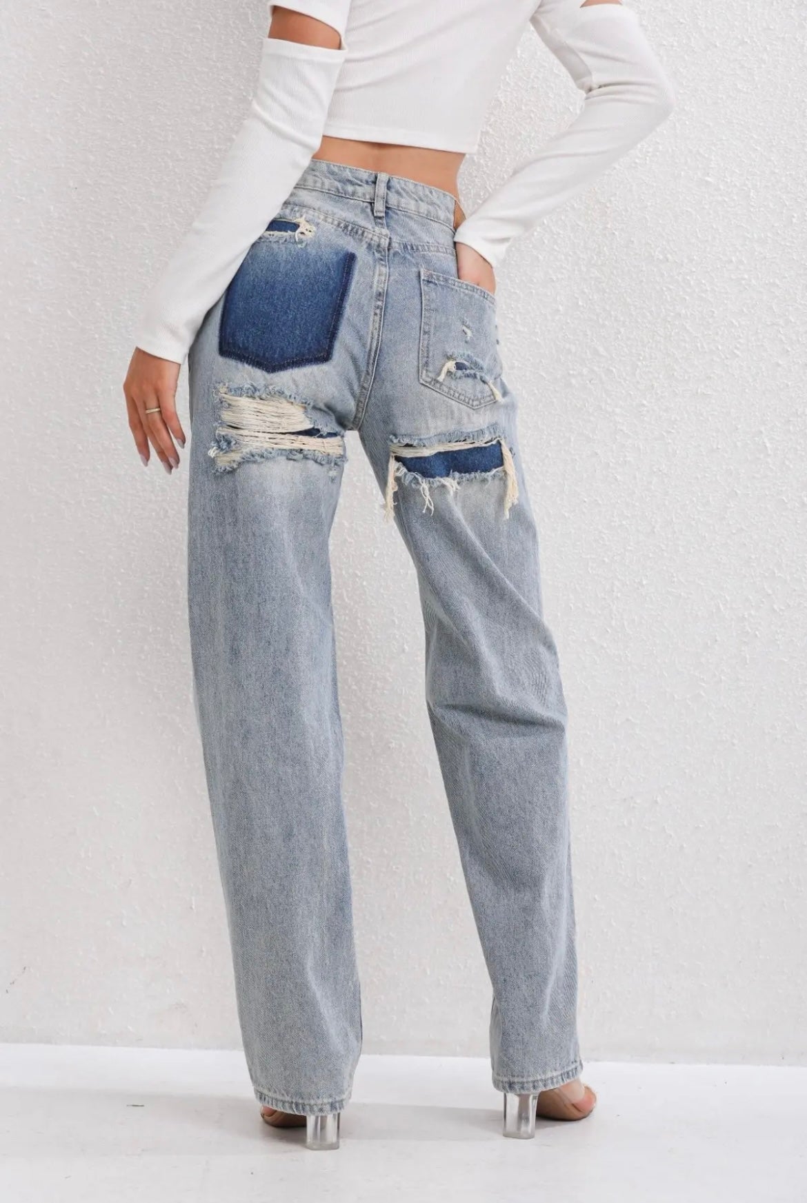 High-Waist Gerafelde Patchwork Jeans voor Dames | Olivia